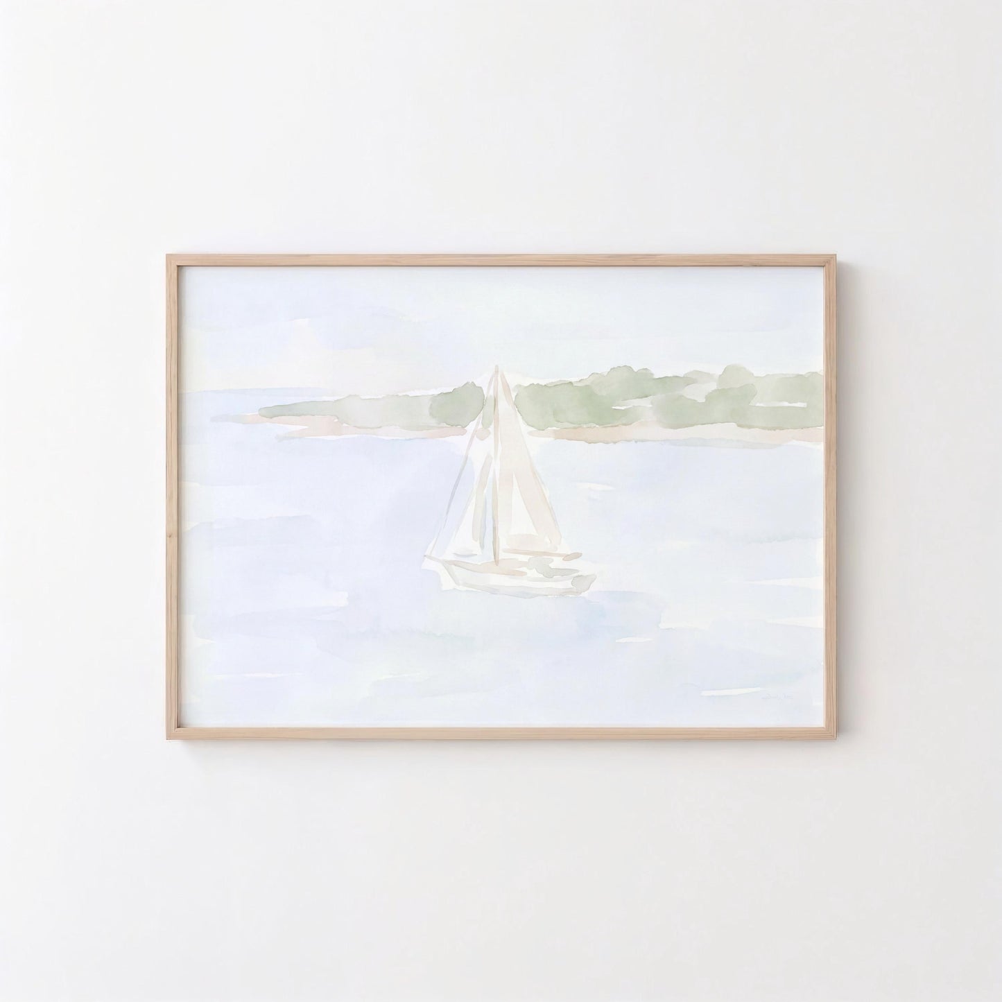Sailboat Watercolor Art Neutral Seascape (Digital Download - Horizontal)