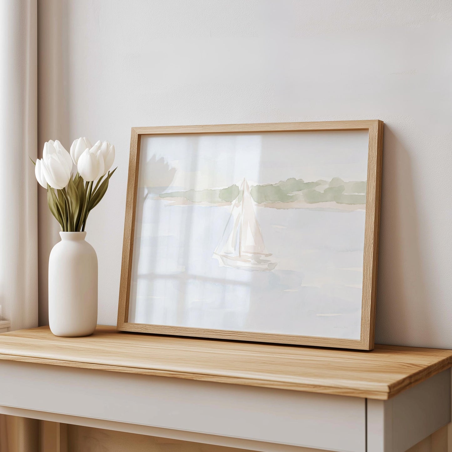 Sailboat Watercolor Art Neutral Seascape (Digital Download - Horizontal)