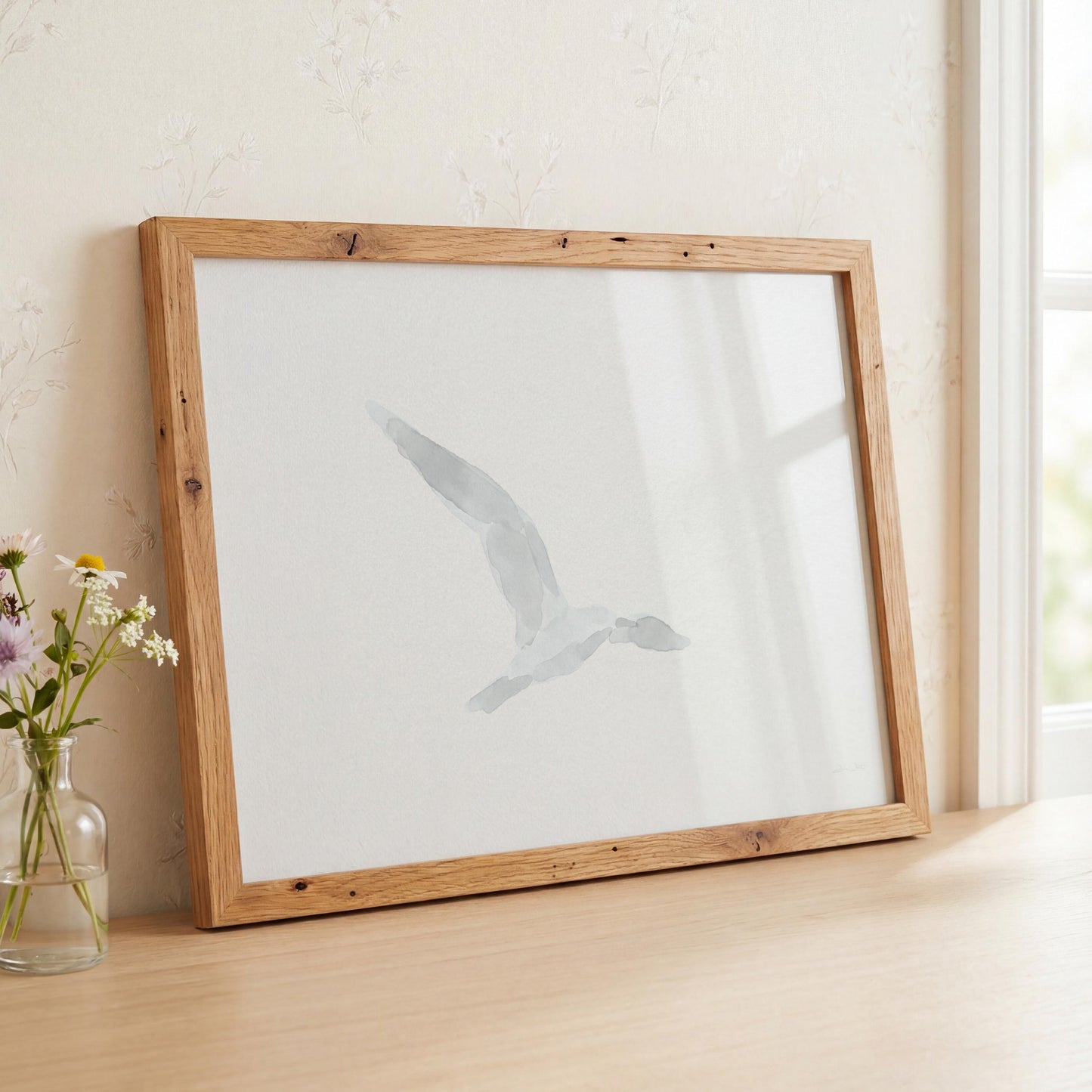 Seagull Flying Art Minimalist Neutral Watercolor (Digital Download)