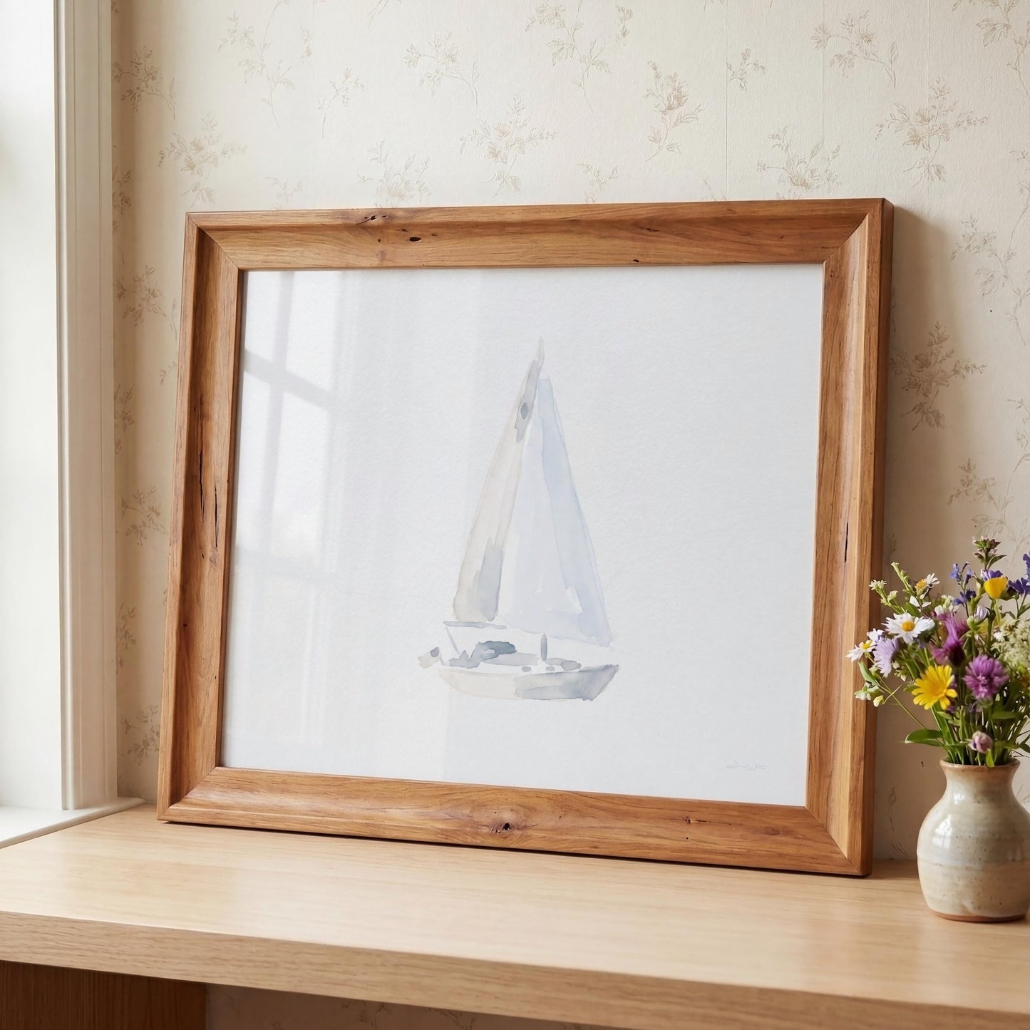 Sailboat Watercolor Art Neutral Seascape (Digital Download - Horizontal)
