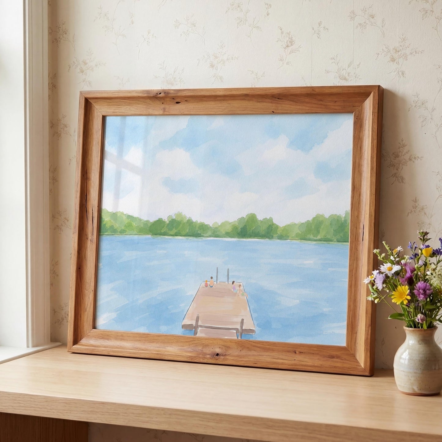 Summer Lake Dock Watercolor Painting Art Print (Digital Download - Horizontal)