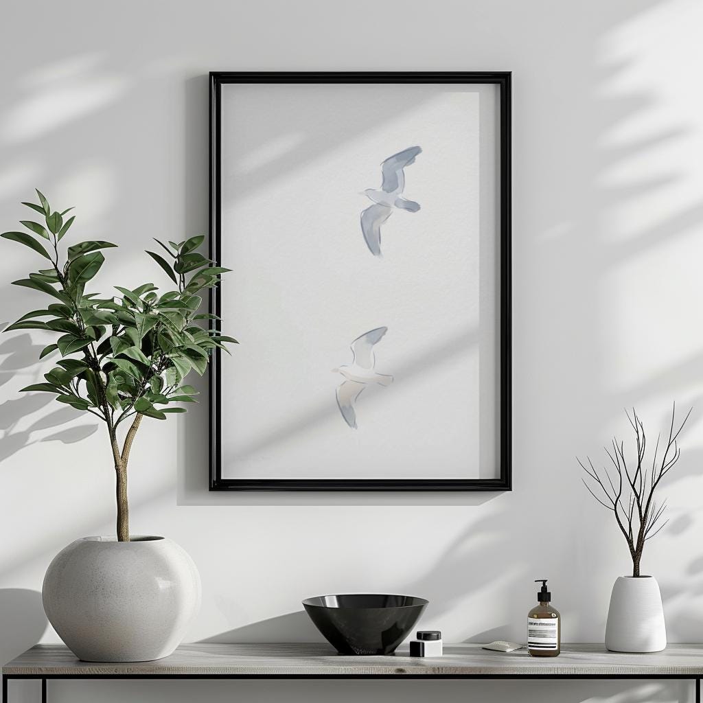 Two Seagulls Art Print Minimalist Soft Neutral Beach Wall Art (Digital Download)