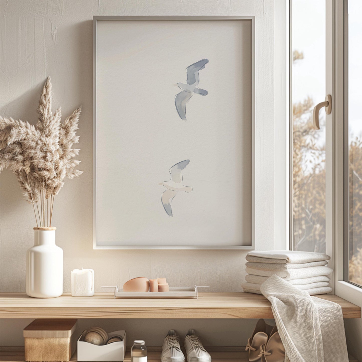 Two Seagulls Art Print Minimalist Soft Neutral Beach Wall Art (Digital Download)