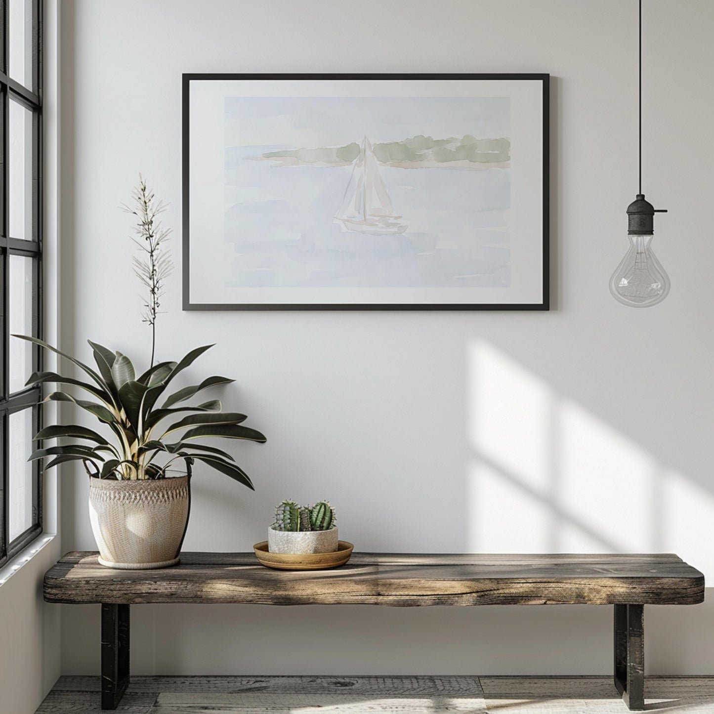 Sailboat Watercolor Art Neutral Seascape (Digital Download - Horizontal)