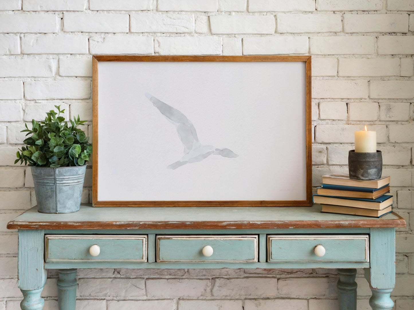 Seagull Flying Art Minimalist Neutral Watercolor (Digital Download)