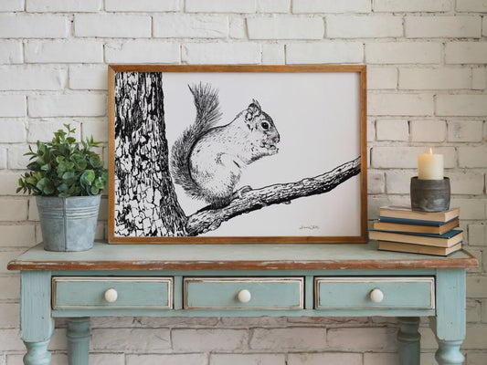 Squirrel Drawing Black and White Art Print