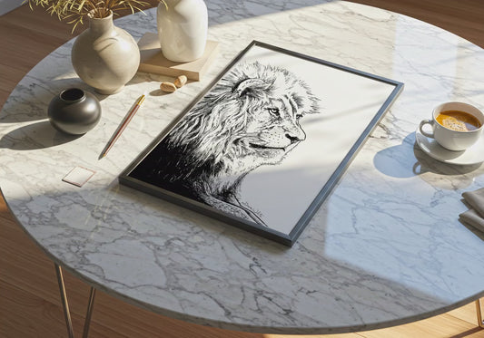Lion Drawing Black and White Art Print