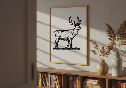 Bull Elk Drawing Black and White Art Print